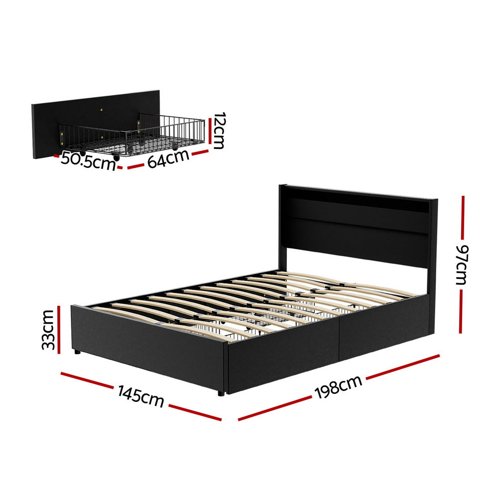 Beds & Bed Frames: Artiss Bed Frame Double Size LED with 4 Drawers Black DUNN