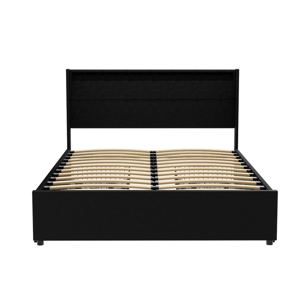 Beds & Bed Frames: Artiss Bed Frame Double Size LED with 4 Drawers Black DUNN