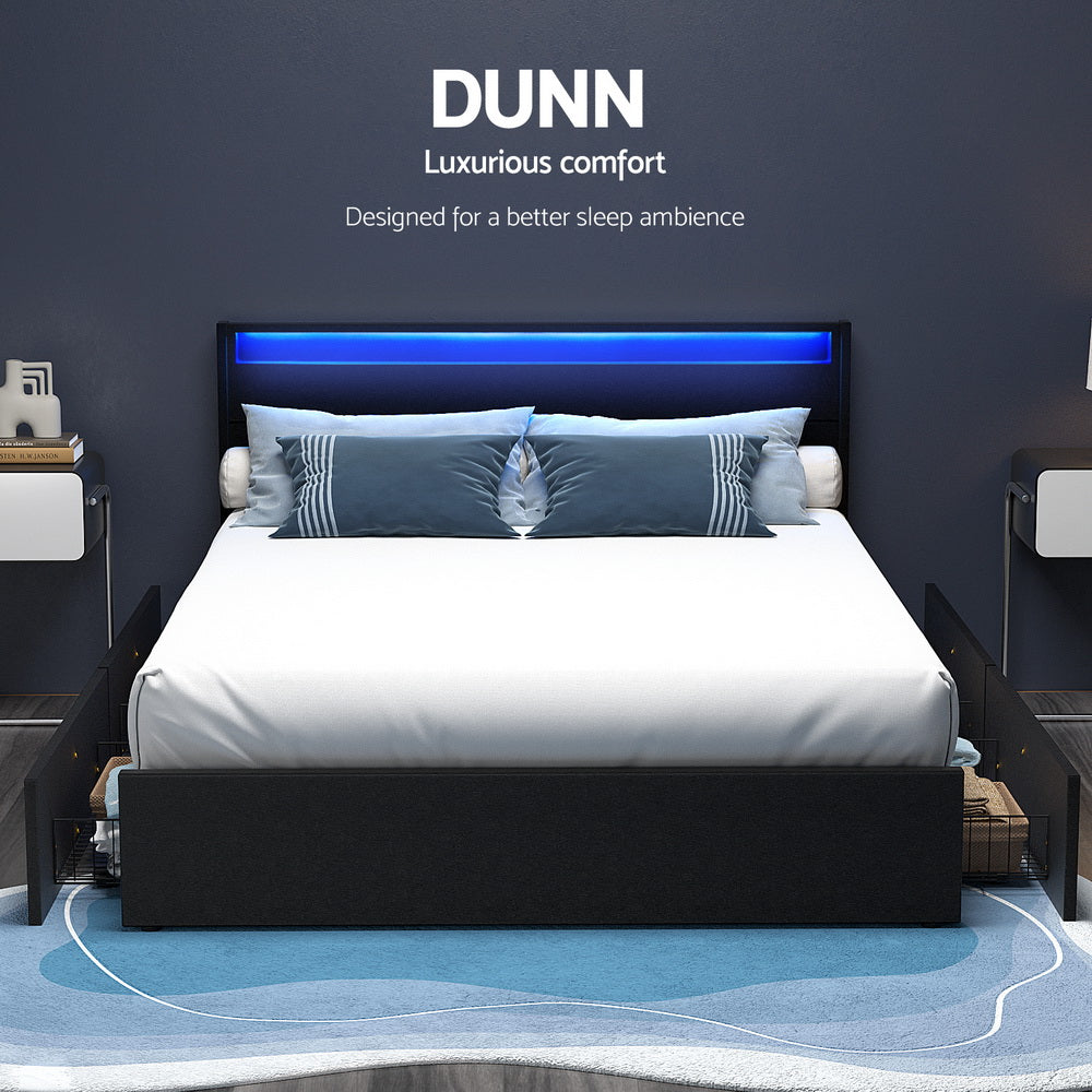Beds & Bed Frames: Artiss Bed Frame Double Size LED with 4 Drawers Black DUNN