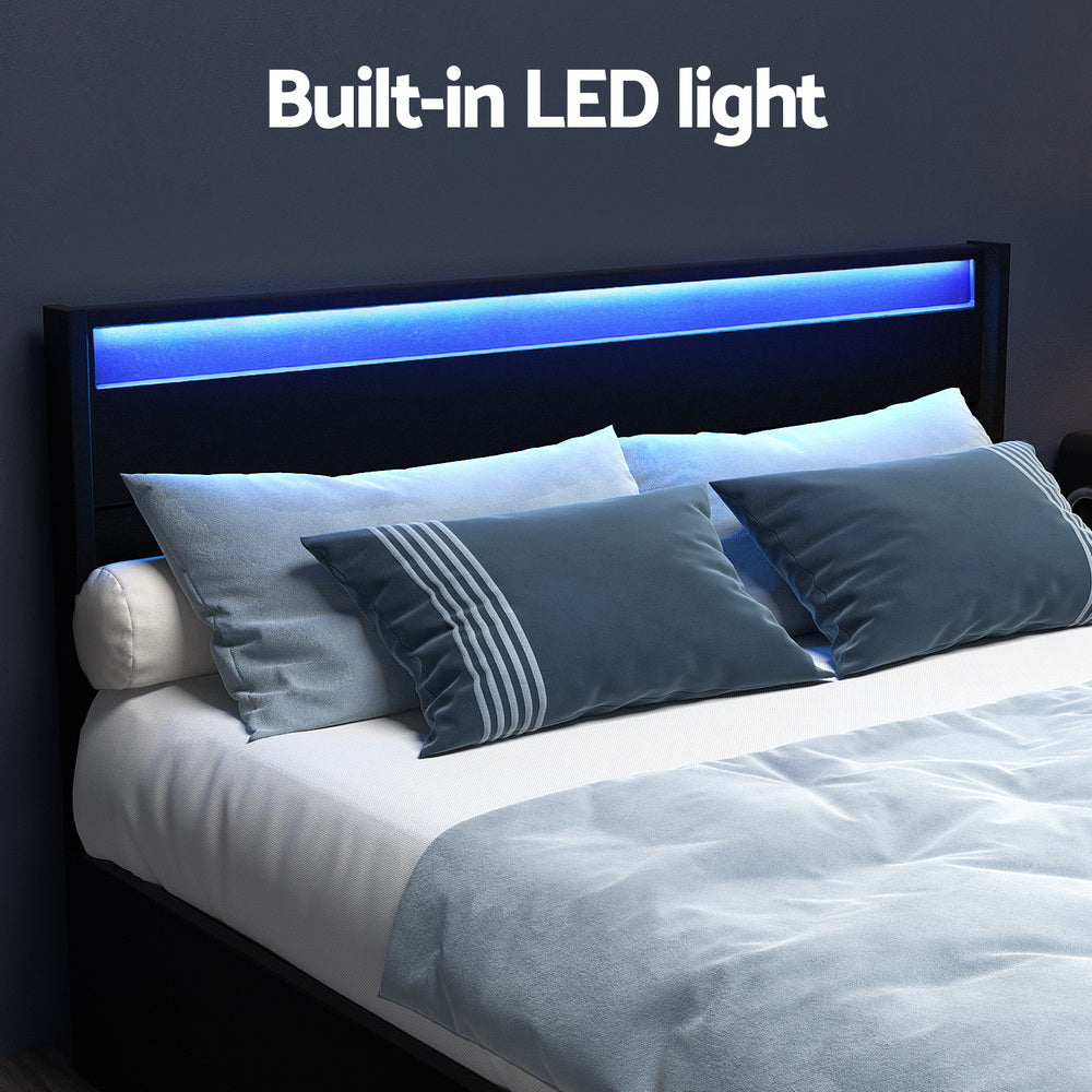 Beds & Bed Frames: Artiss Bed Frame Double Size LED with 4 Drawers Black DUNN