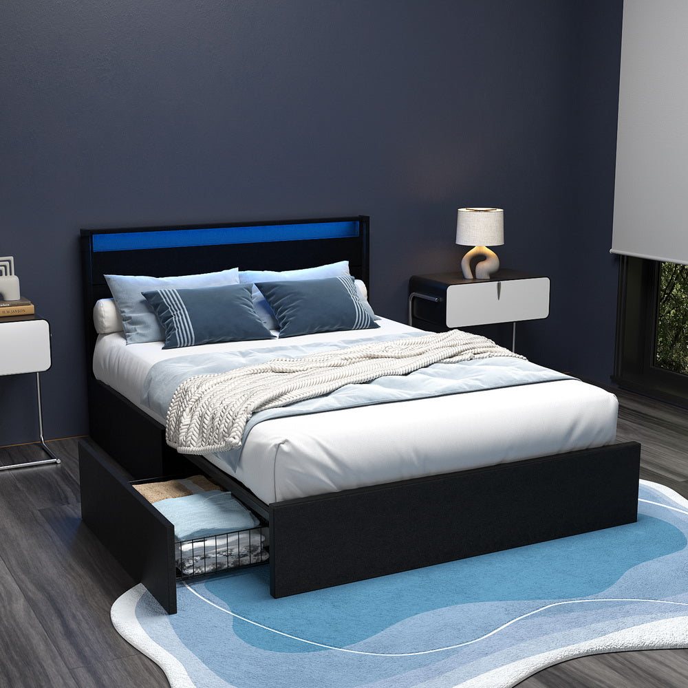 Beds & Bed Frames: Artiss Bed Frame Double Size LED with 4 Drawers Black DUNN