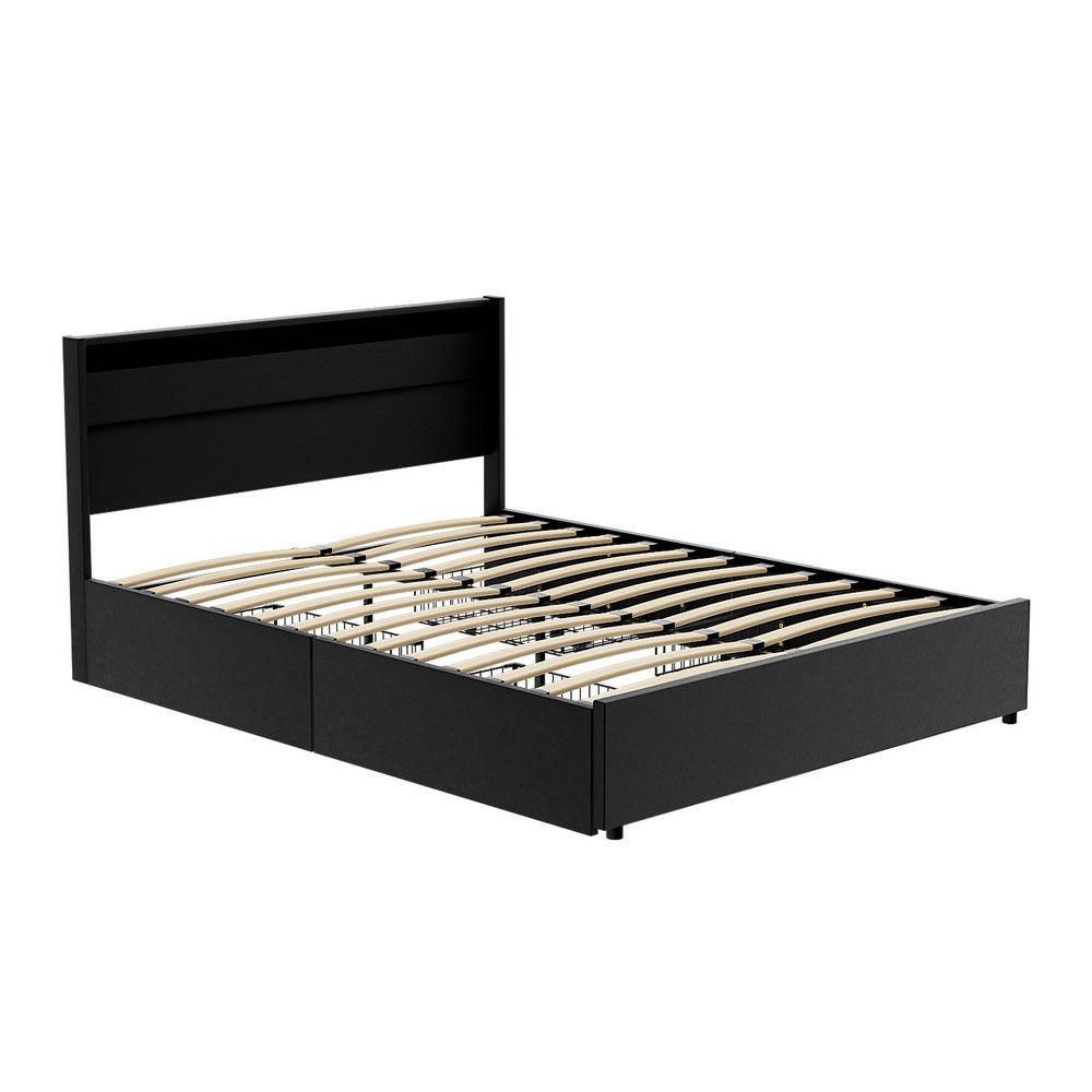 Beds & Bed Frames: Artiss Bed Frame Queen Size LED with 4 Drawers Black DUNN