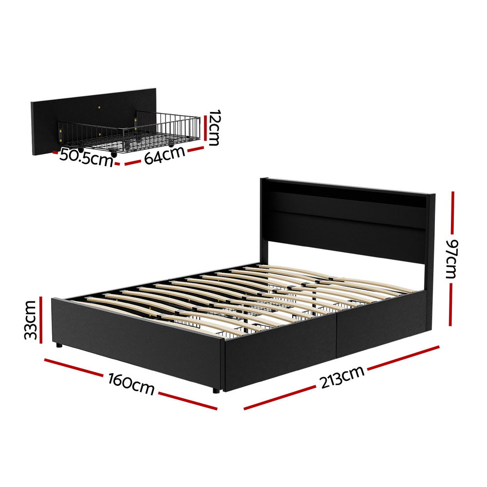 Beds & Bed Frames: Artiss Bed Frame Queen Size LED with 4 Drawers Black DUNN