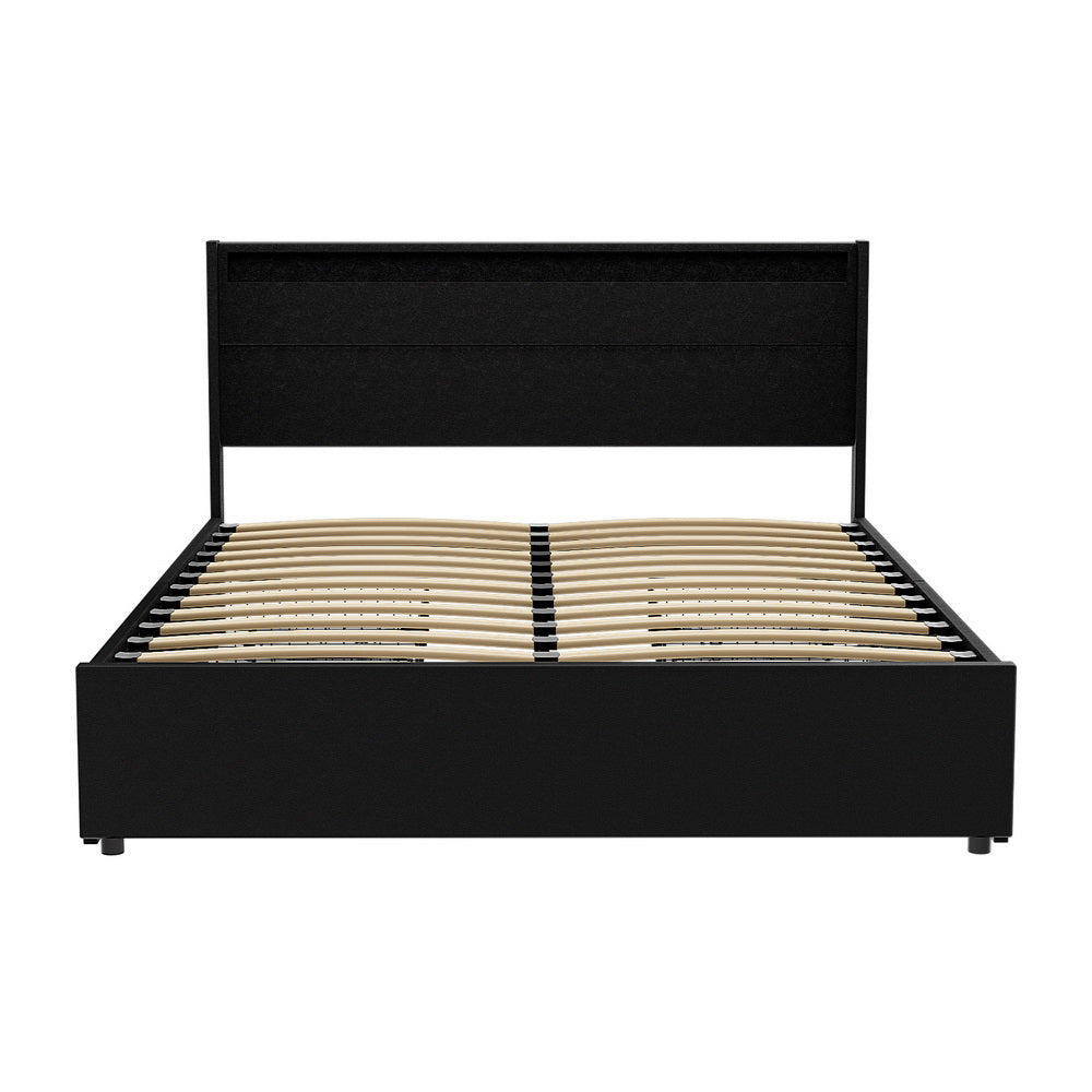 Beds & Bed Frames: Artiss Bed Frame Queen Size LED with 4 Drawers Black DUNN