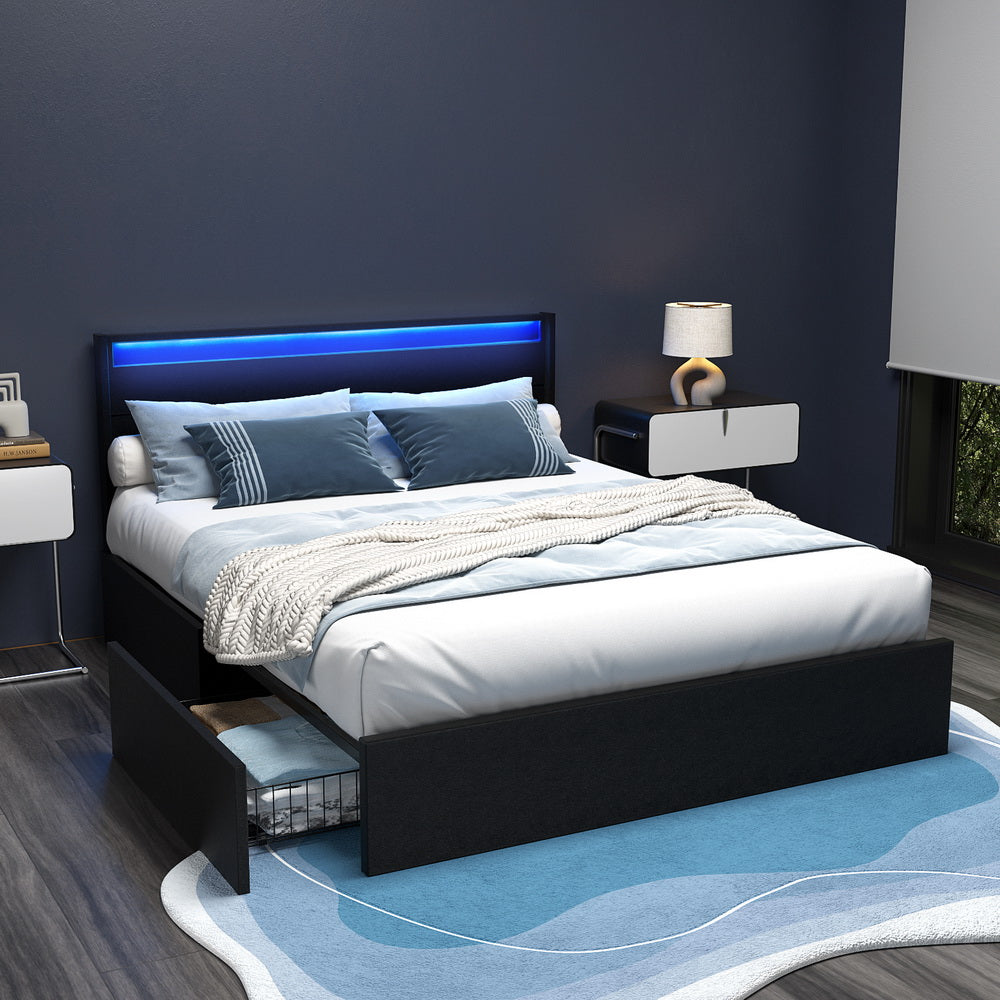 Beds & Bed Frames: Artiss Bed Frame Queen Size LED with 4 Drawers Black DUNN