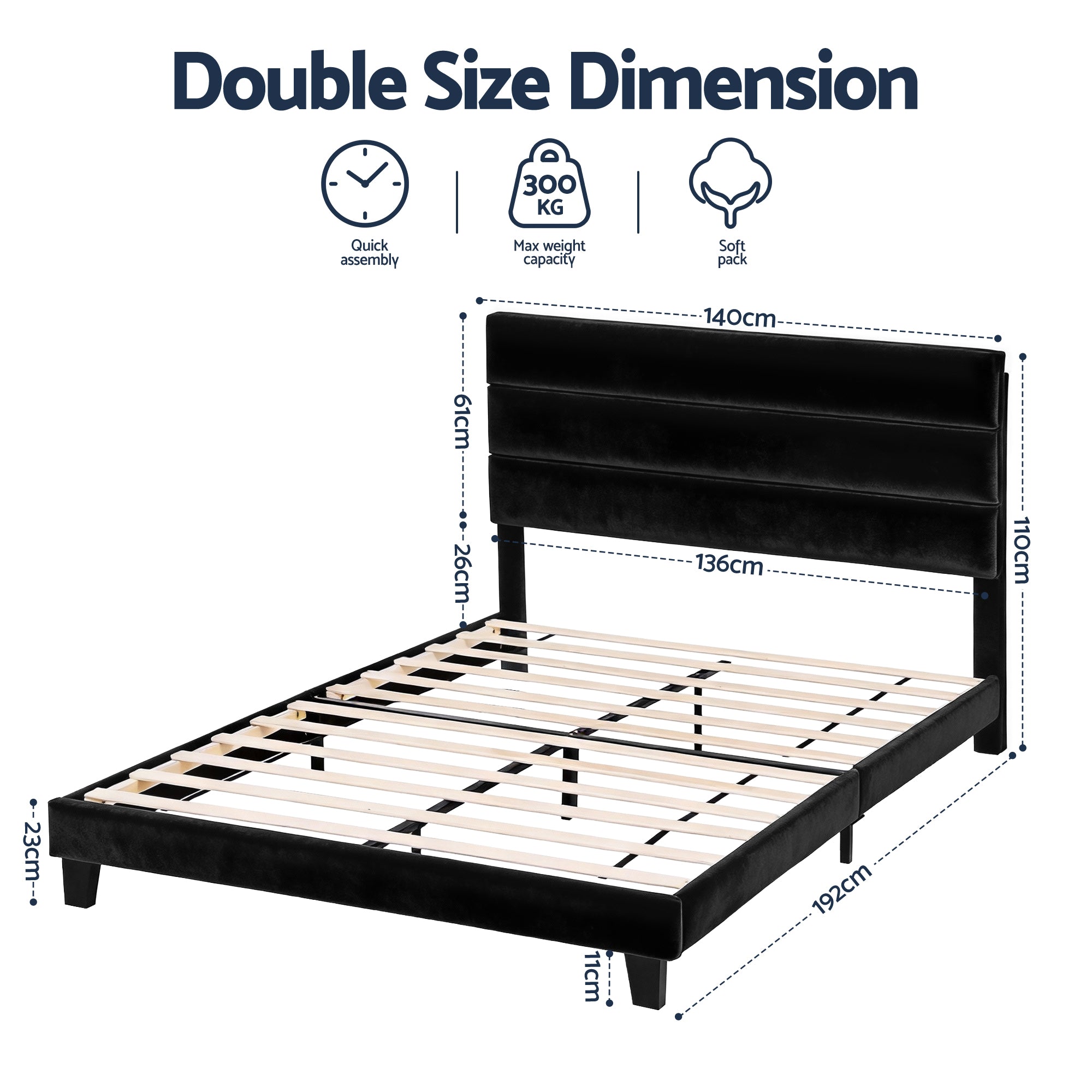 Beds & Bed Frames: Artiss Double Bed Frame Upholstered Platform Base with Geometric Headboard Black Velvet