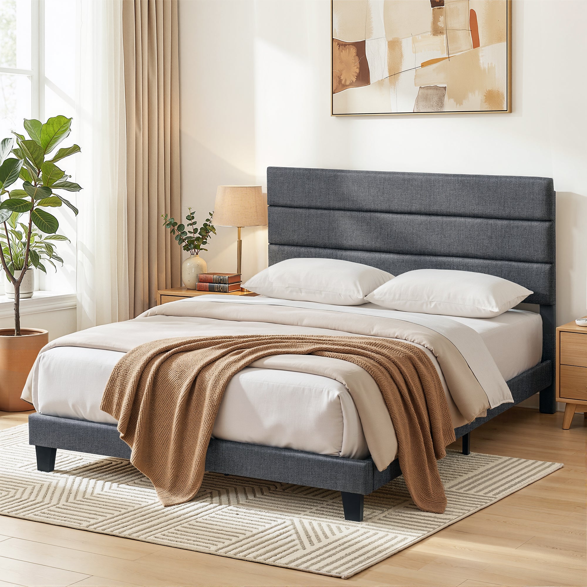 Artiss Double Bed Frame Upholstered Platform Base with Geometric Headboard Charcoal Grey Linen Wood Slats for Modern Bedroom Furniture Home Decor