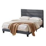 Beds & Bed Frames: Artiss Double Bed Frame Upholstered Platform Base with Geometric Headboard Charcoal Grey Linen Wood Slats for Modern Bedroom Furniture Home Decor