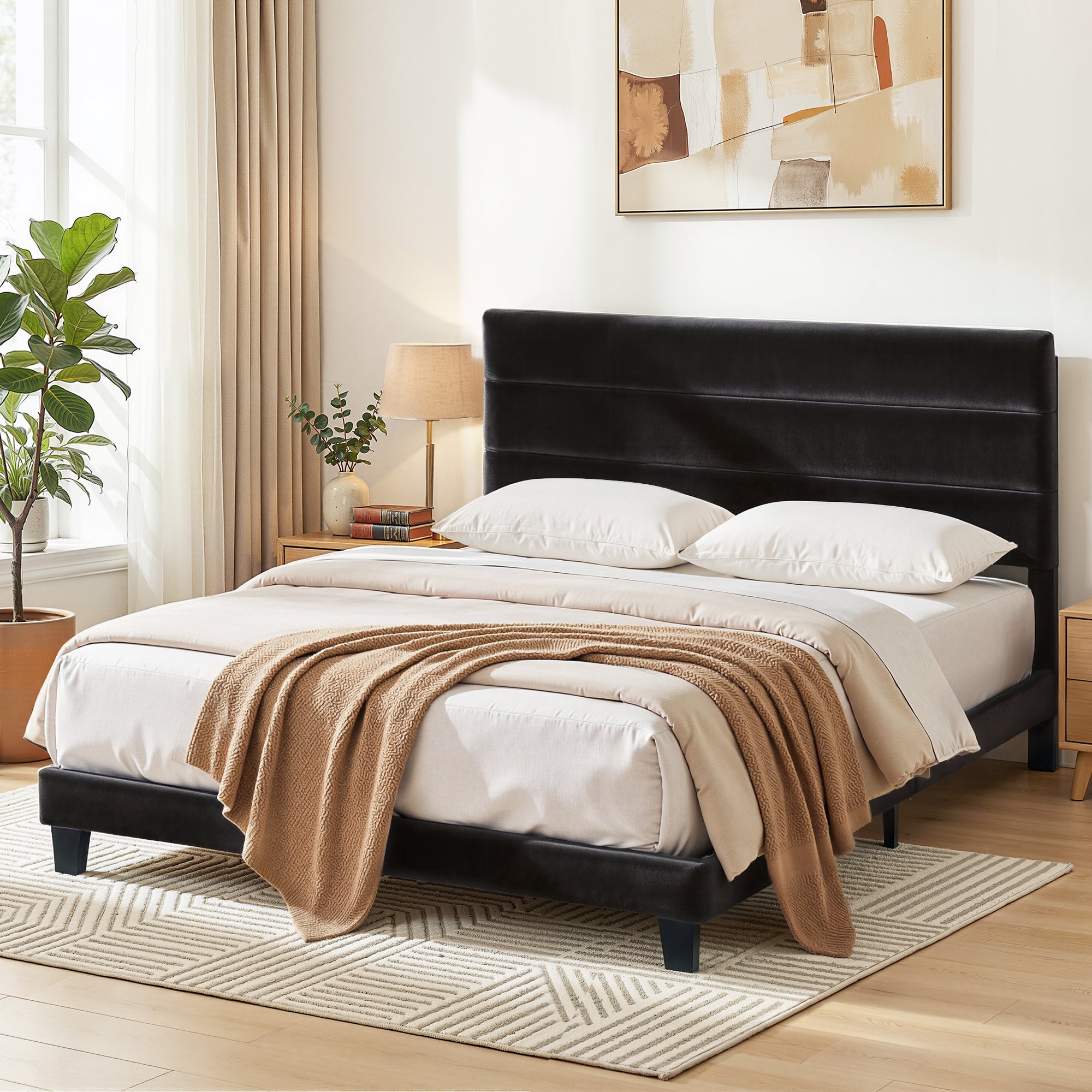 Beds & Bed Frames: Artiss King Bed Frame Upholstered Platform Base with Geometric Headboard Black Velvet