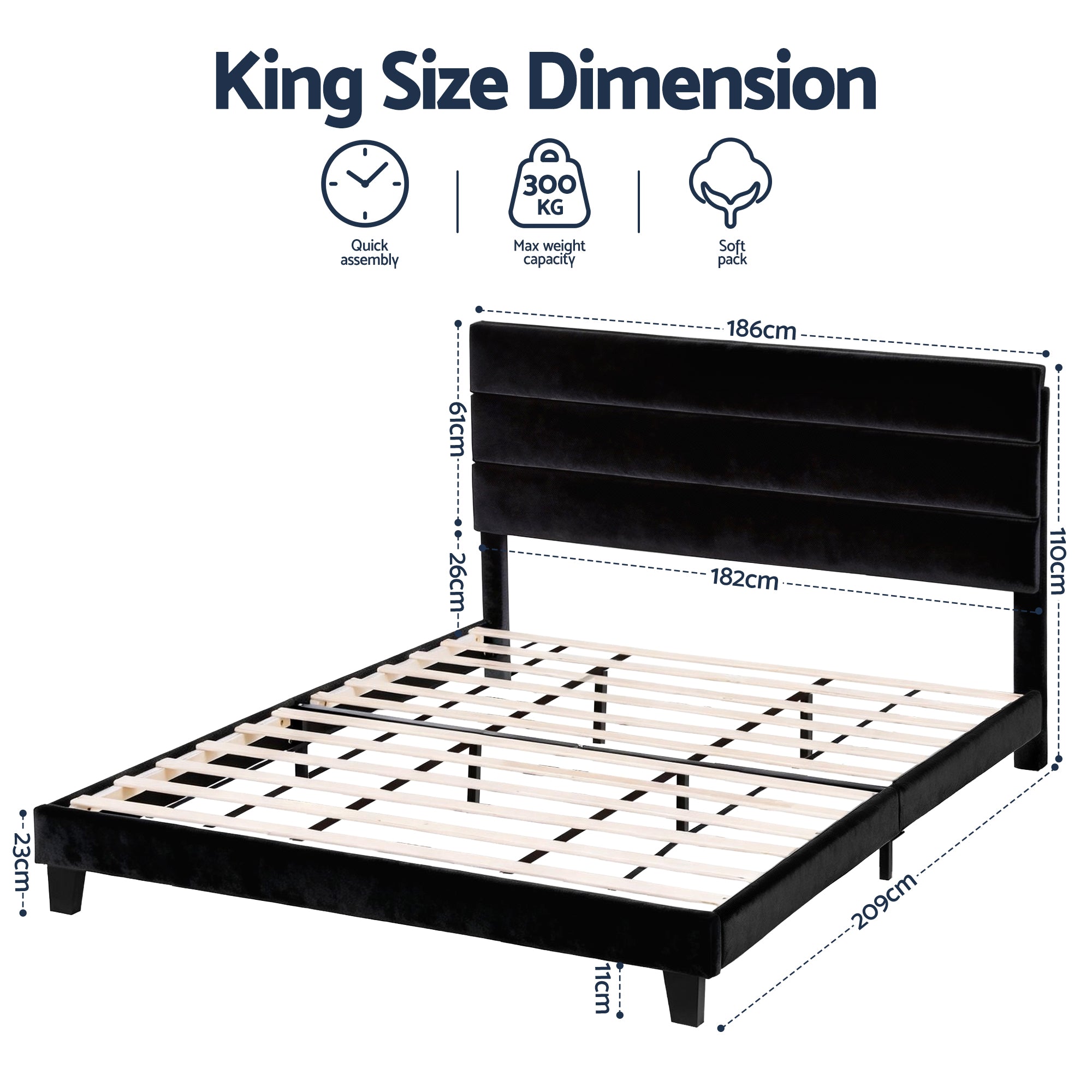 Beds & Bed Frames: Artiss King Bed Frame Upholstered Platform Base with Geometric Headboard Black Velvet
