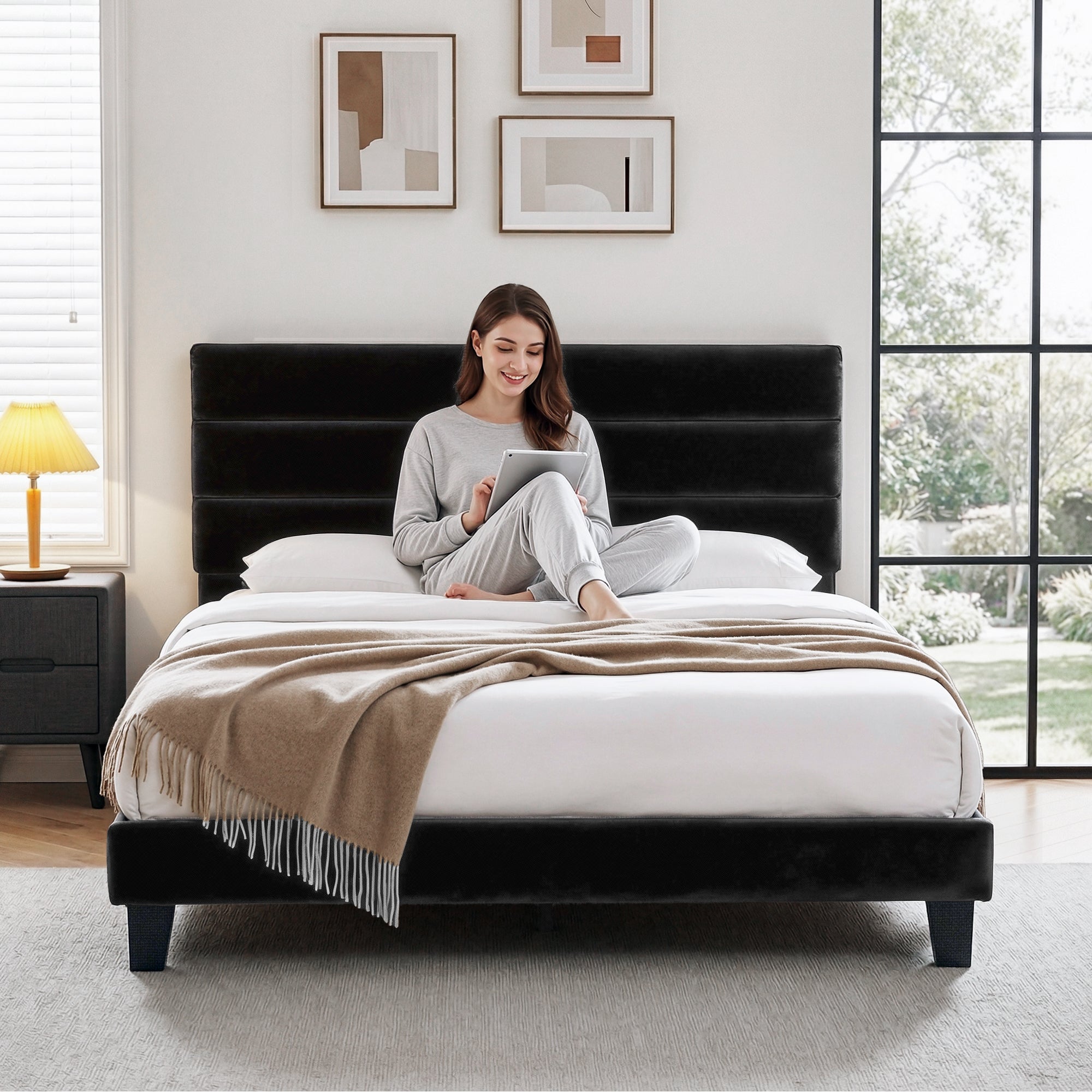 Beds & Bed Frames: Artiss King Bed Frame Upholstered Platform Base with Geometric Headboard Black Velvet