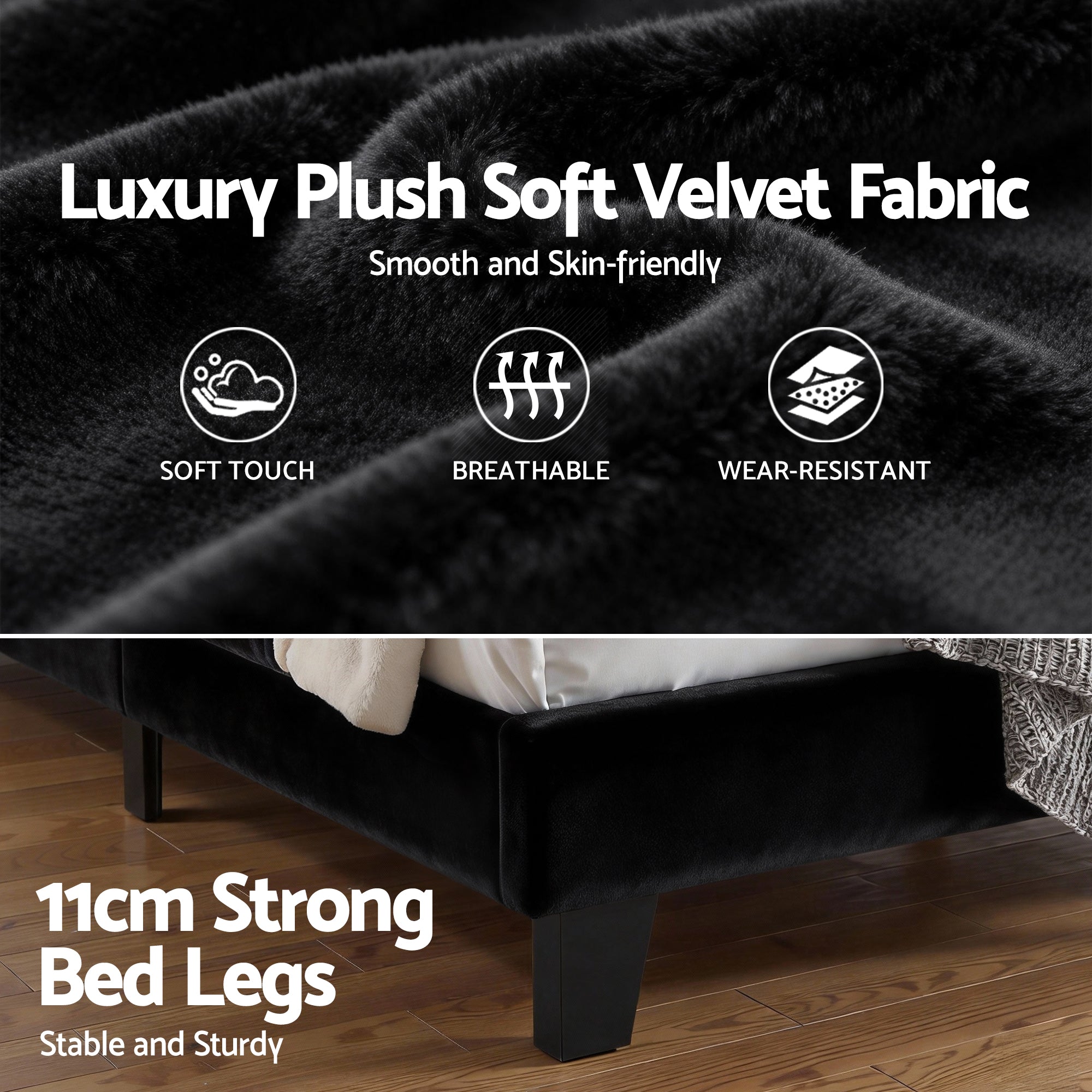 Beds & Bed Frames: Artiss King Bed Frame Upholstered Platform Base with Geometric Headboard Black Velvet