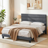 Beds & Bed Frames: Artiss King Bed Frame Upholstered Platform Base with Geometric Headboard Charcoal Grey Linen Wood Slats for Modern Bedroom Furniture Home Decor