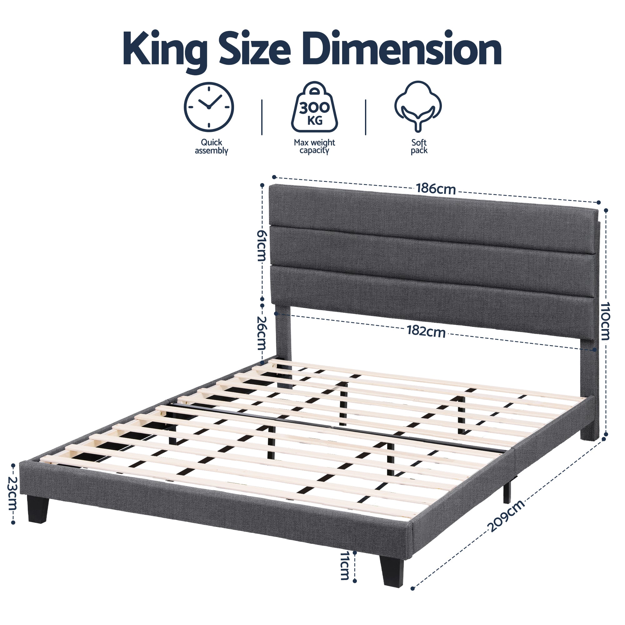 Beds & Bed Frames: Artiss King Bed Frame Upholstered Platform Base with Geometric Headboard Charcoal Grey Linen Wood Slats for Modern Bedroom Furniture Home Decor