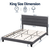 Beds & Bed Frames: Artiss King Bed Frame Upholstered Platform Base with Geometric Headboard Charcoal Grey Linen Wood Slats for Modern Bedroom Furniture Home Decor