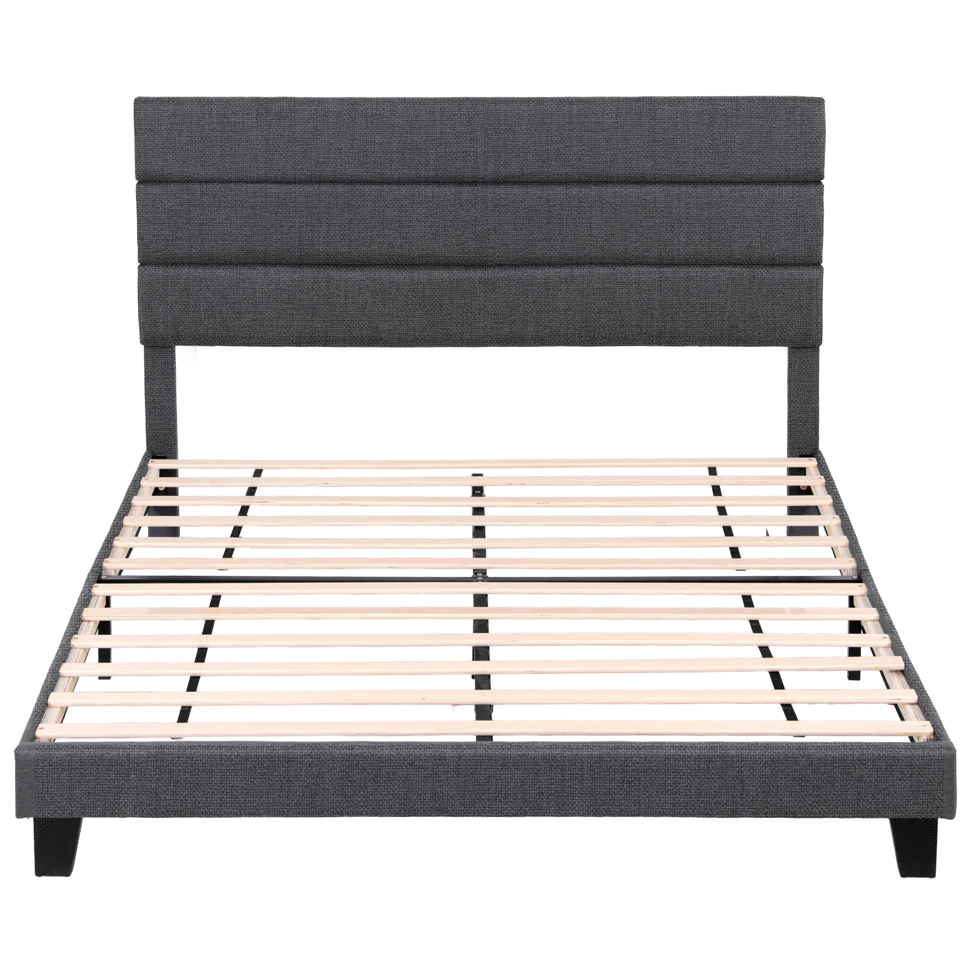 Beds & Bed Frames: Artiss King Bed Frame Upholstered Platform Base with Geometric Headboard Charcoal Grey Linen Wood Slats for Modern Bedroom Furniture Home Decor
