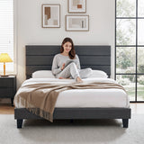 Beds & Bed Frames: Artiss King Bed Frame Upholstered Platform Base with Geometric Headboard Charcoal Grey Linen Wood Slats for Modern Bedroom Furniture Home Decor