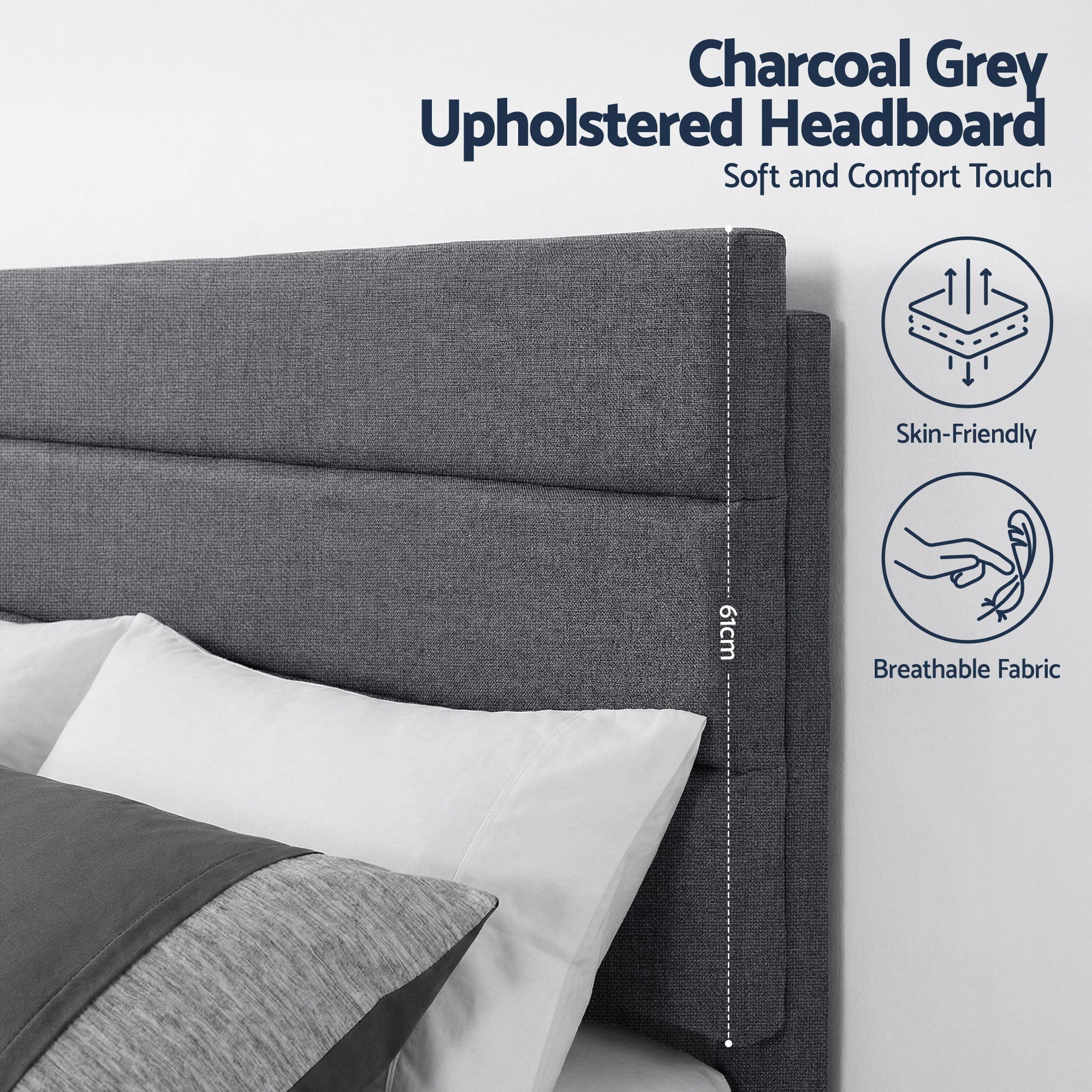 Beds & Bed Frames: Artiss King Bed Frame Upholstered Platform Base with Geometric Headboard Charcoal Grey Linen Wood Slats for Modern Bedroom Furniture Home Decor