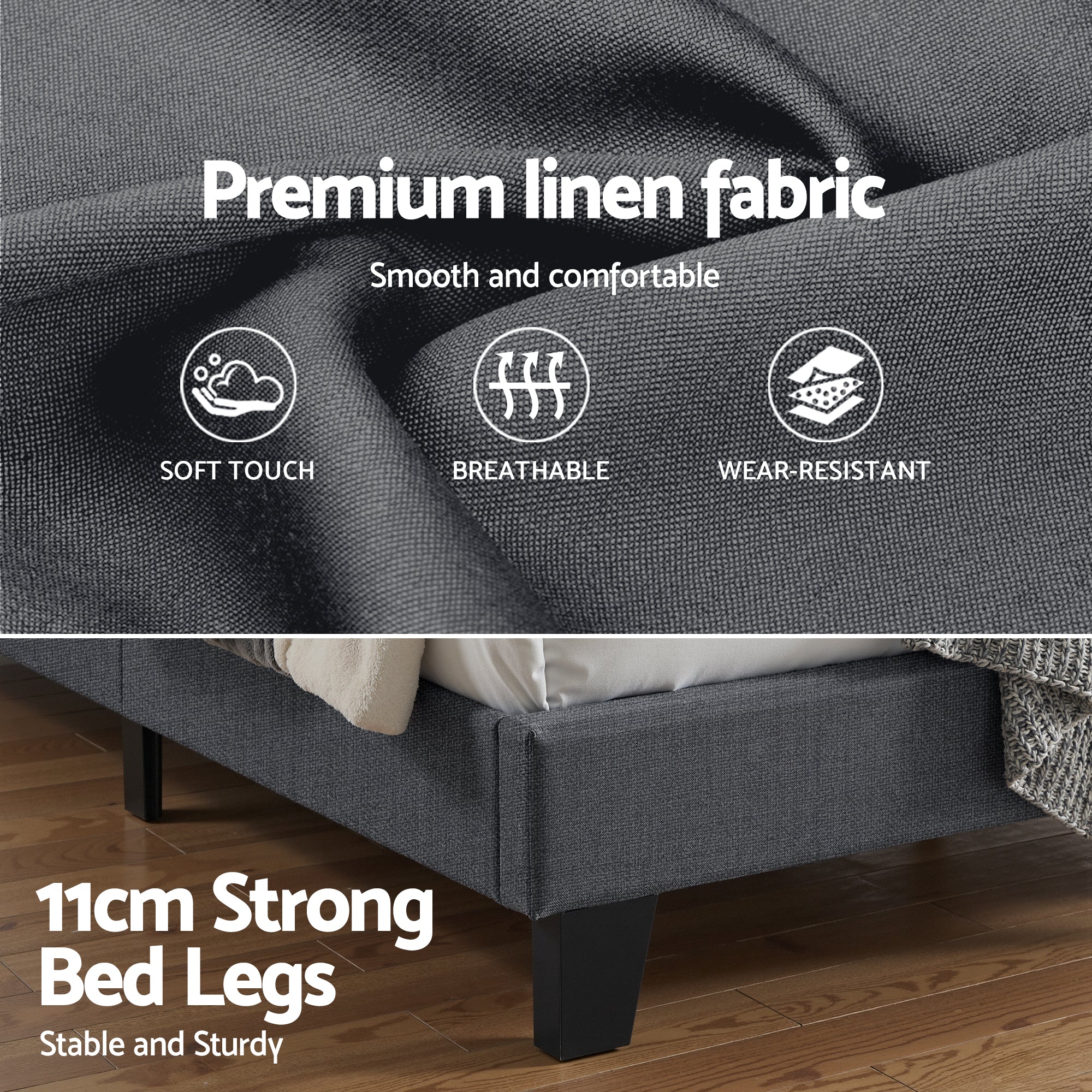 Beds & Bed Frames: Artiss King Bed Frame Upholstered Platform Base with Geometric Headboard Charcoal Grey Linen Wood Slats for Modern Bedroom Furniture Home Decor