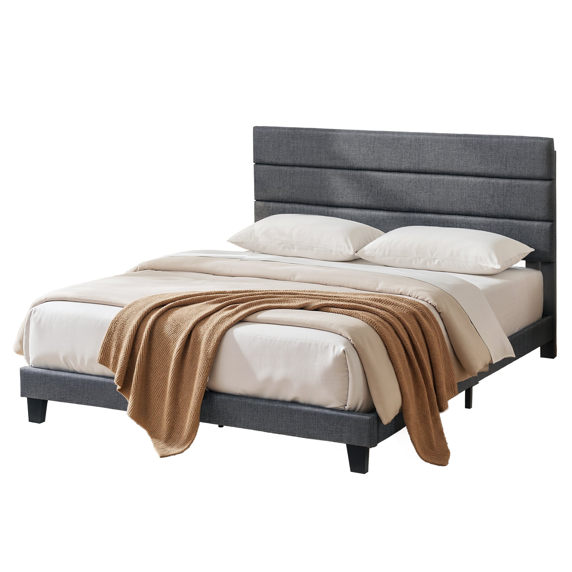 Beds & Bed Frames: Artiss King Bed Frame Upholstered Platform Base with Geometric Headboard Charcoal Grey Linen Wood Slats for Modern Bedroom Furniture Home Decor