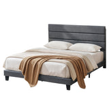 Beds & Bed Frames: Artiss King Bed Frame Upholstered Platform Base with Geometric Headboard Charcoal Grey Linen Wood Slats for Modern Bedroom Furniture Home Decor