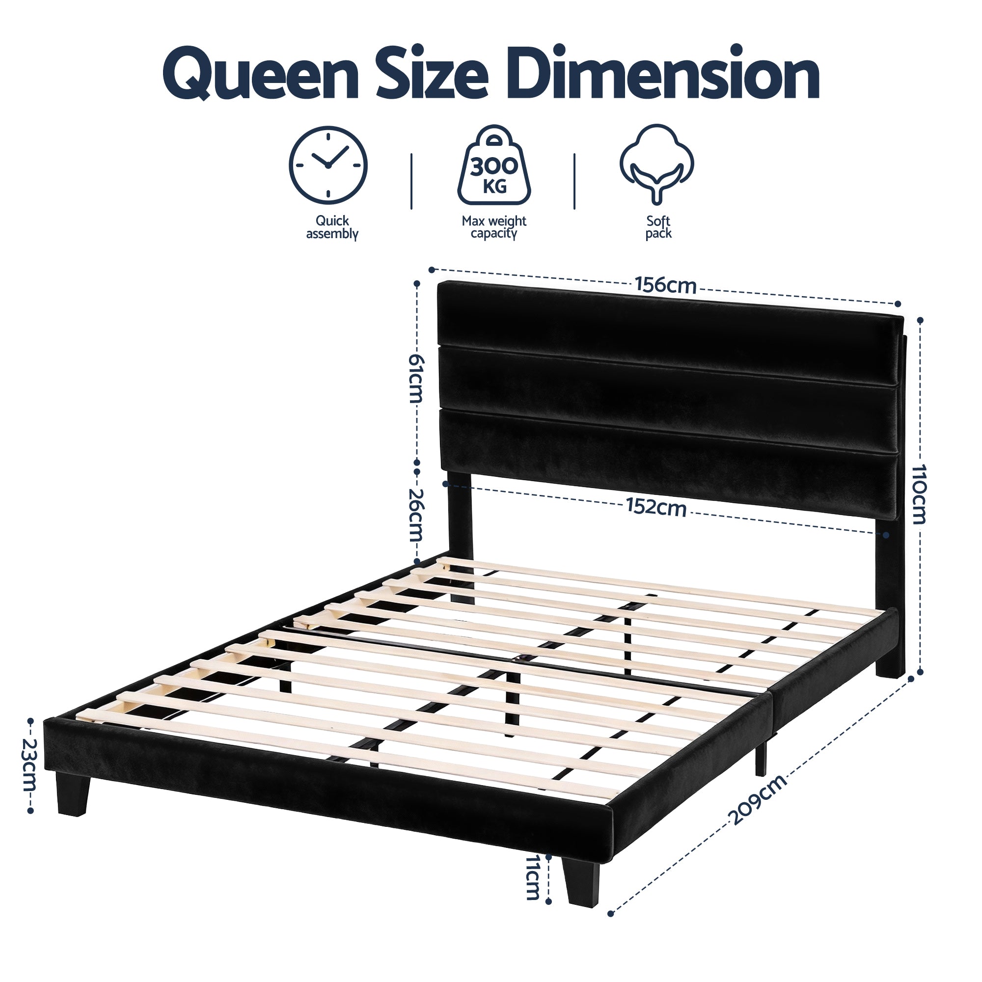 Beds & Bed Frames: Artiss Queen Bed Frame Upholstered Platform Base with Geometric Headboard Black Velvet