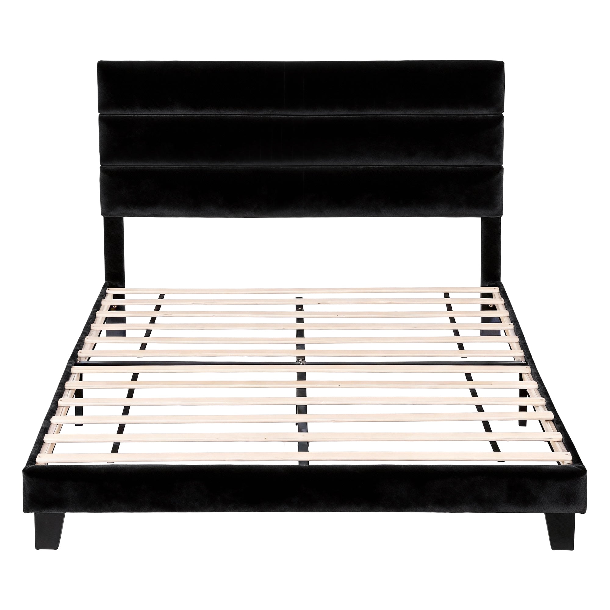 Beds & Bed Frames: Artiss Queen Bed Frame Upholstered Platform Base with Geometric Headboard Black Velvet