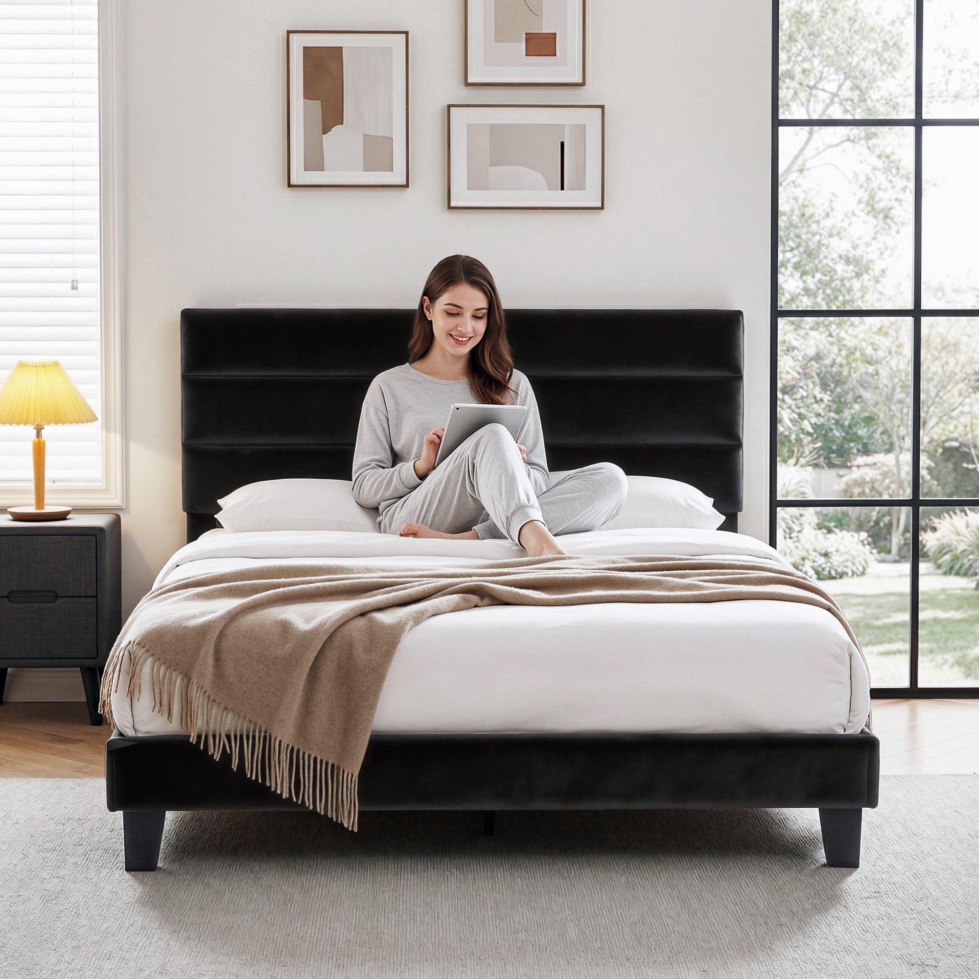 Beds & Bed Frames: Artiss Queen Bed Frame Upholstered Platform Base with Geometric Headboard Black Velvet