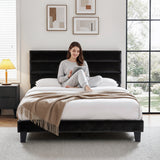 Beds & Bed Frames: Artiss Queen Bed Frame Upholstered Platform Base with Geometric Headboard Black Velvet