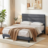 Beds & Bed Frames: Artiss Queen Bed Frame Upholstered Platform Base with Geometric Headboard Charcoal Grey Linen Wood Slats for Modern Bedroom Furniture Home Decor