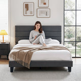 Beds & Bed Frames: Artiss Queen Bed Frame Upholstered Platform Base with Geometric Headboard Charcoal Grey Linen Wood Slats for Modern Bedroom Furniture Home Decor