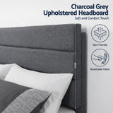 Beds & Bed Frames: Artiss Queen Bed Frame Upholstered Platform Base with Geometric Headboard Charcoal Grey Linen Wood Slats for Modern Bedroom Furniture Home Decor