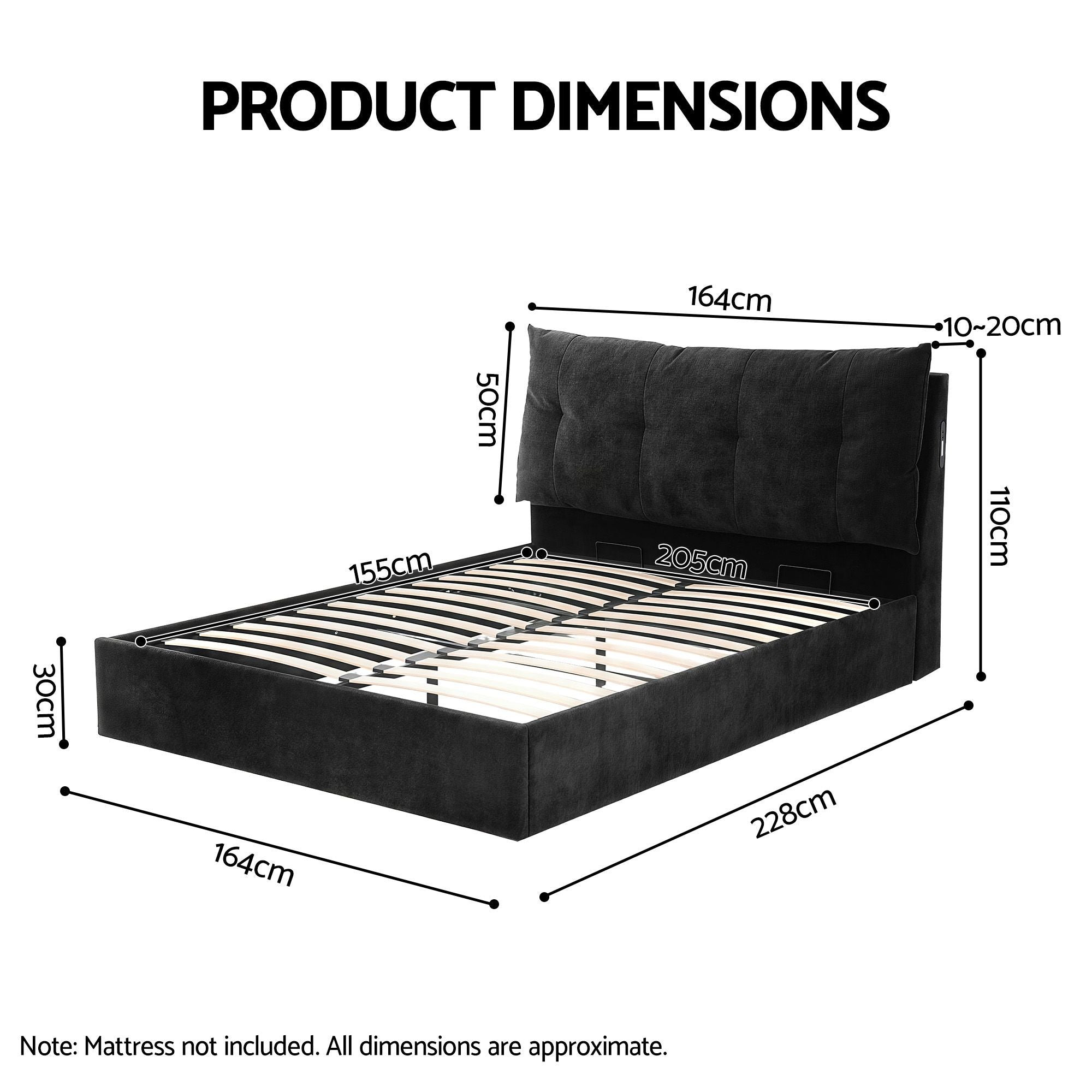 Artiss Queen Bed Frame with Horizontal Gas Lift Storage with LED Light USB Type-C Charging Station Black Velvet