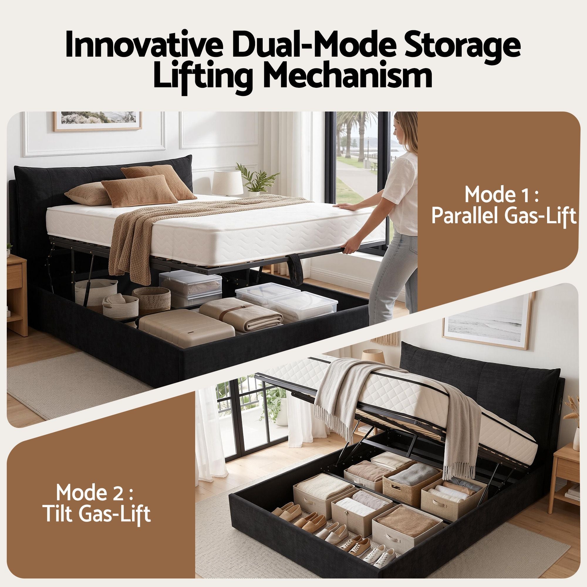 Artiss Queen Bed Frame with Horizontal Gas Lift Storage with LED Light USB Type-C Charging Station Black Velvet