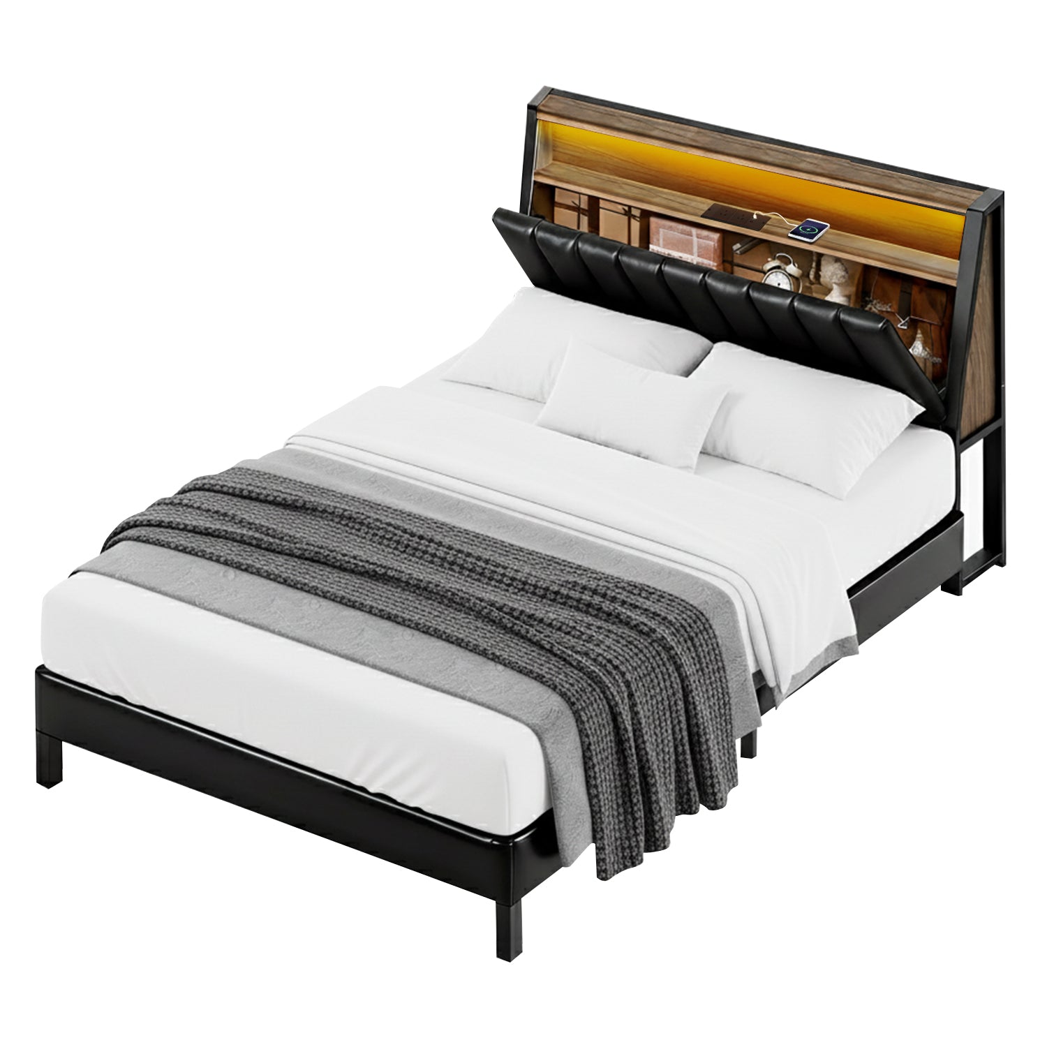 Beds & Bed Frames: Artiss Double Bed Frame LED Storage Headboard with Charging Station Black