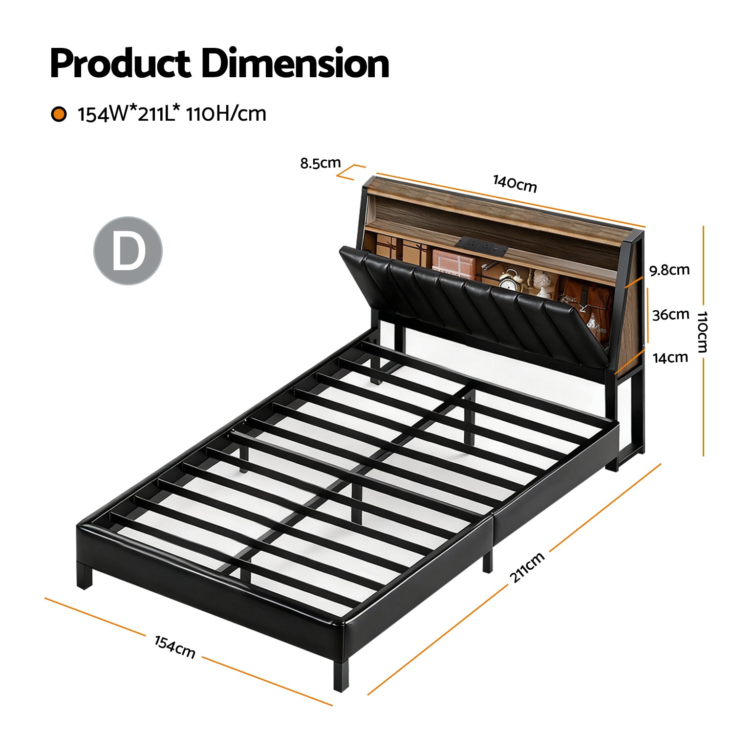 Beds & Bed Frames: Artiss Double Bed Frame LED Storage Headboard with Charging Station Black
