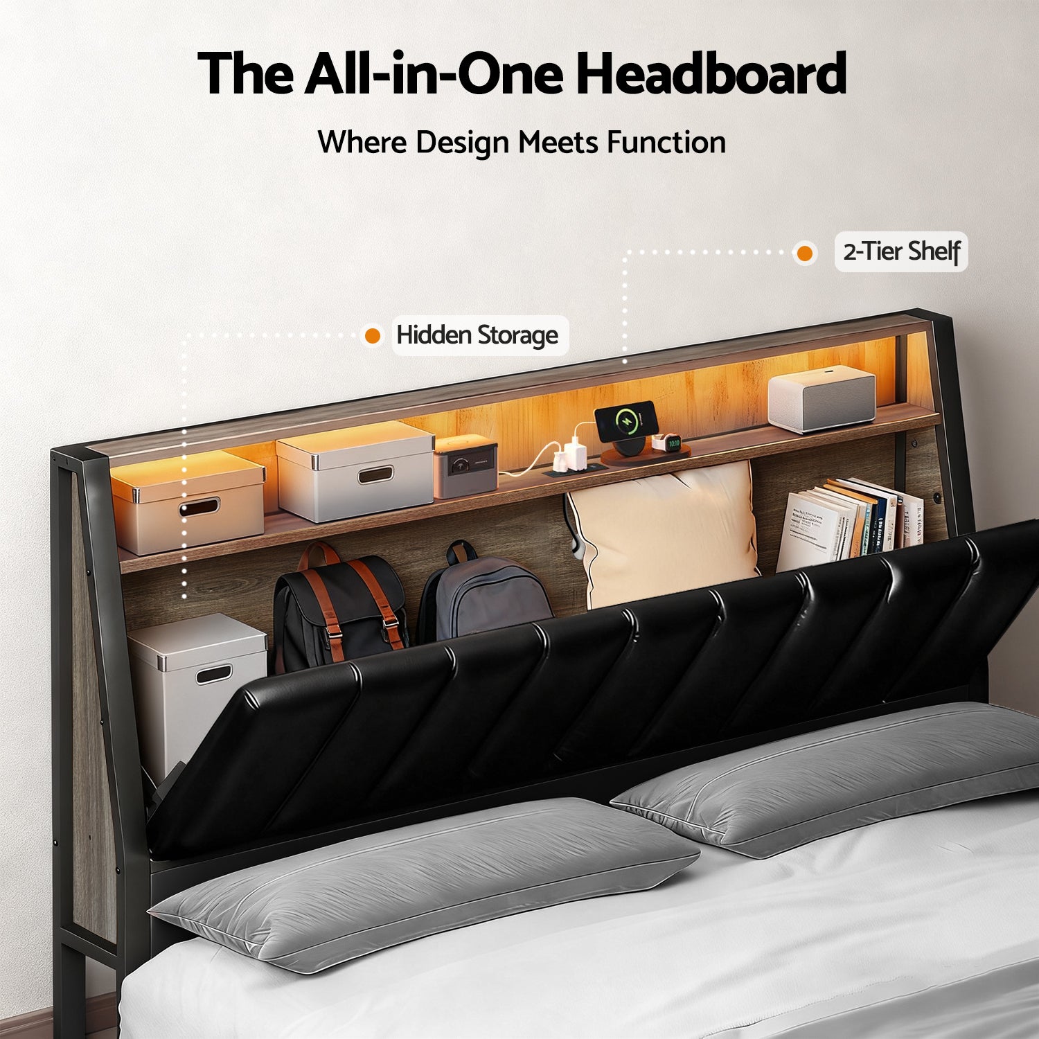 Beds & Bed Frames: Artiss Double Bed Frame LED Storage Headboard with Charging Station Black