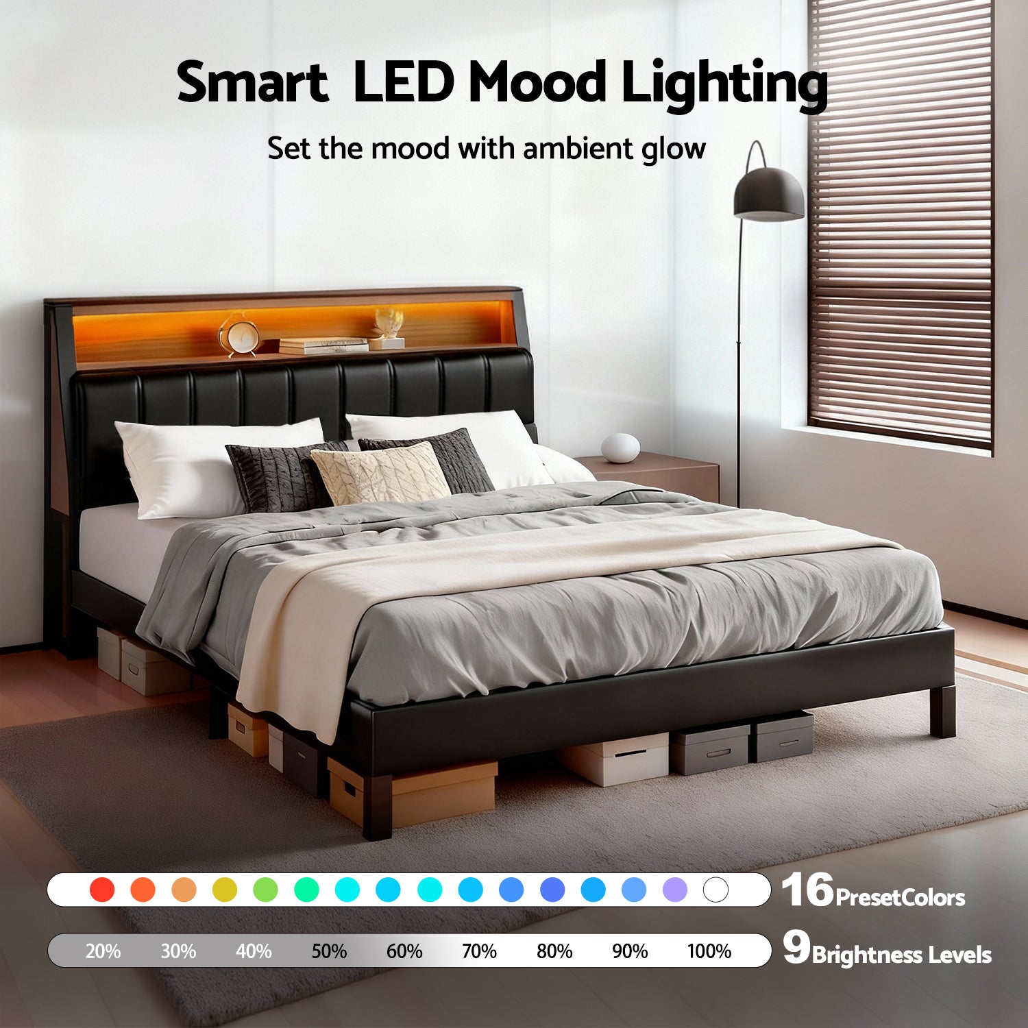 Beds & Bed Frames: Artiss Double Bed Frame LED Storage Headboard with Charging Station Black