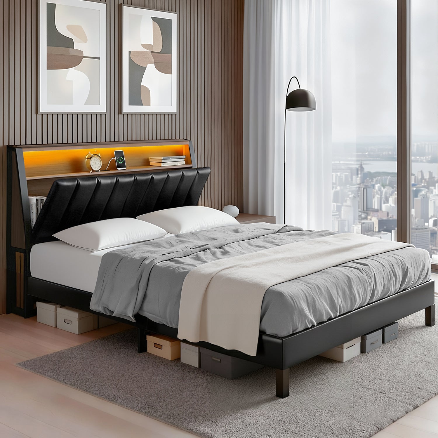 Beds & Bed Frames: Artiss Double Bed Frame LED Storage Headboard with Charging Station Black