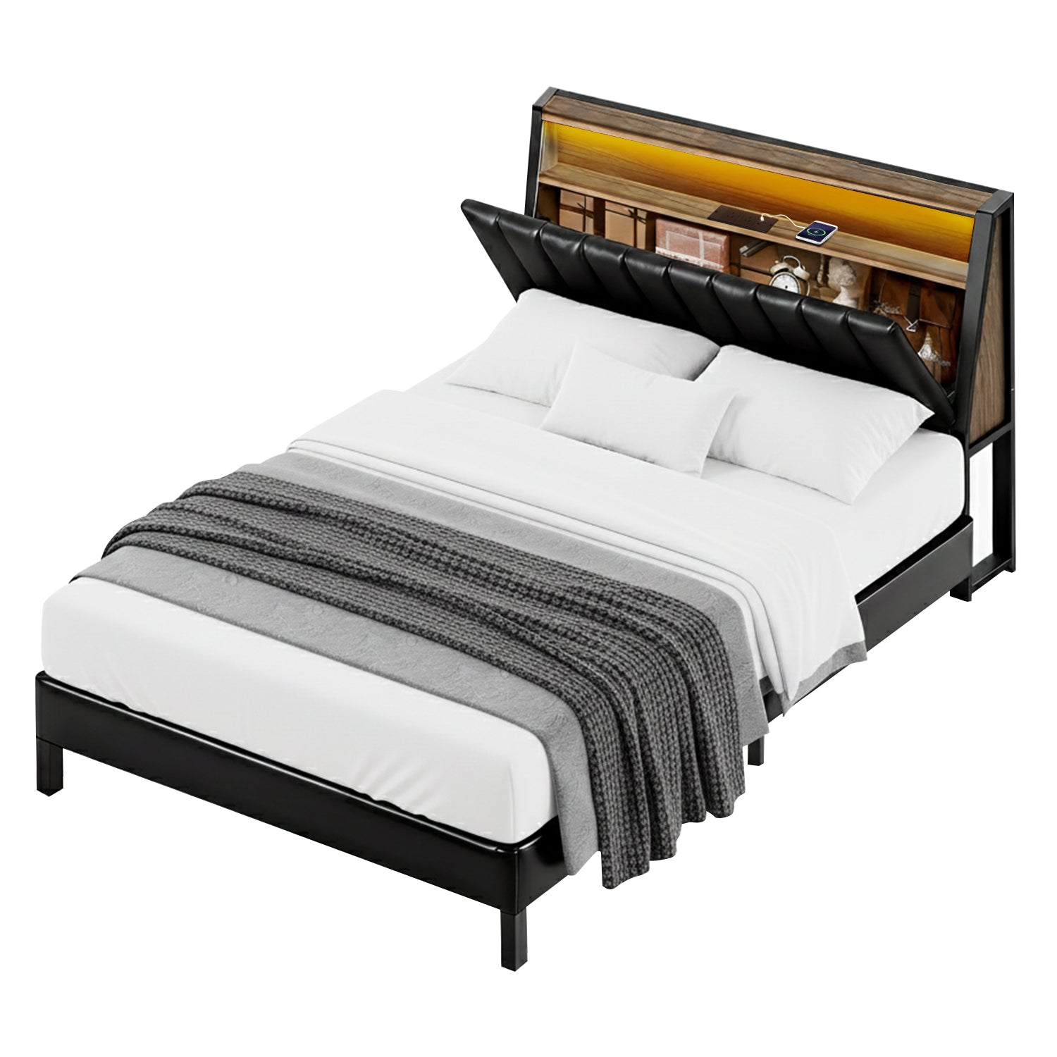 Beds & Bed Frames: Artiss Queen Bed Frame LED Storage Headboard with Charging Station Black
