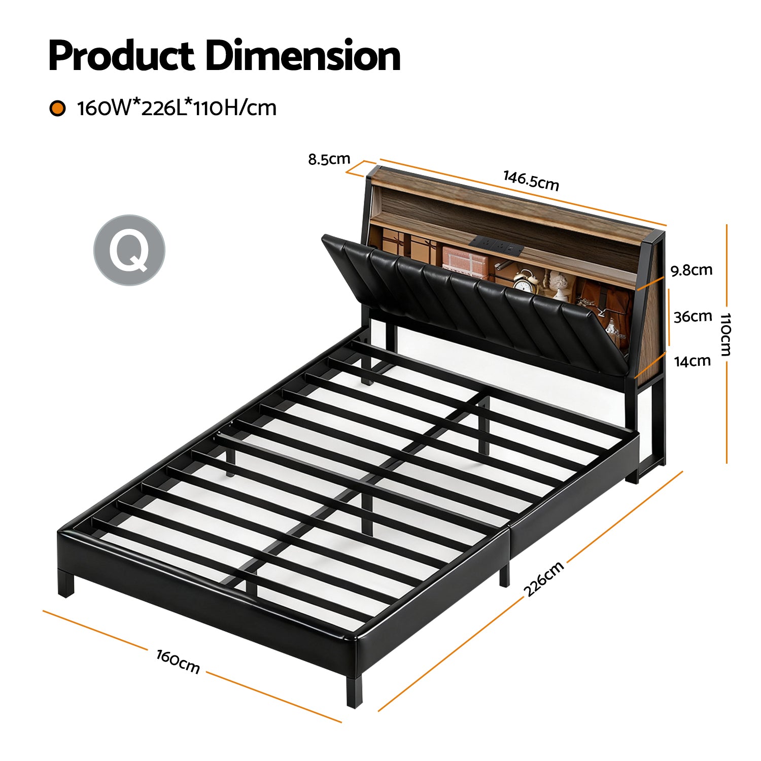 Beds & Bed Frames: Artiss Queen Bed Frame LED Storage Headboard with Charging Station Black