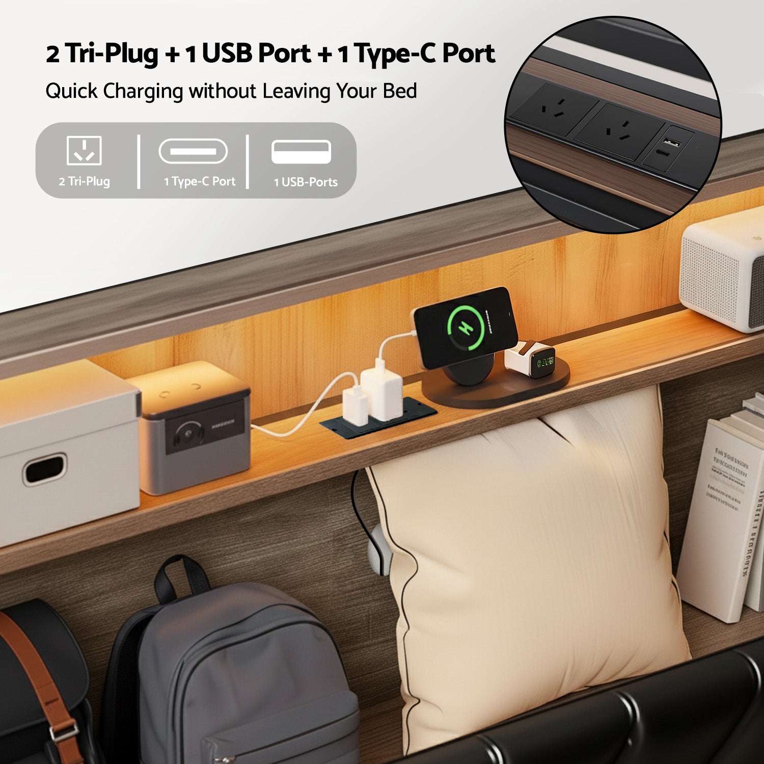 Beds & Bed Frames: Artiss Queen Bed Frame LED Storage Headboard with Charging Station Black