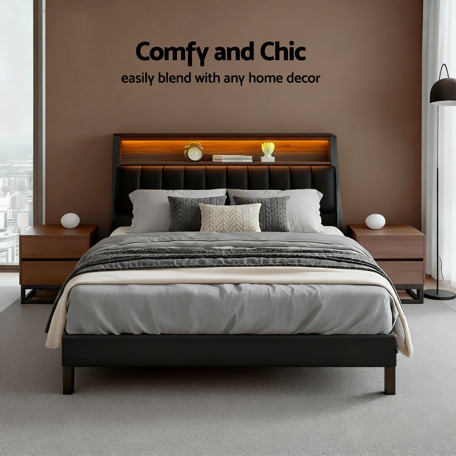 Beds & Bed Frames: Artiss Queen Bed Frame LED Storage Headboard with Charging Station Black