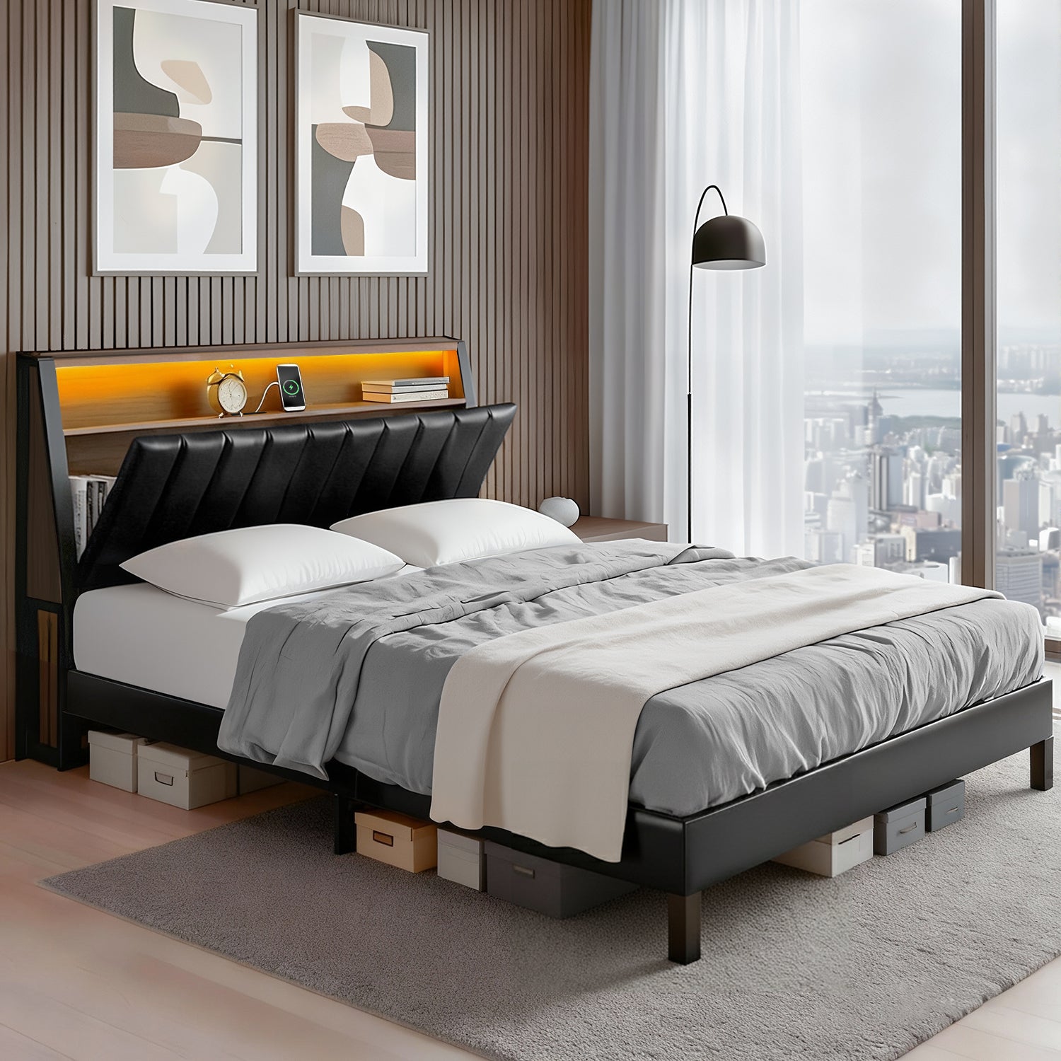 Beds & Bed Frames: Artiss Queen Bed Frame LED Storage Headboard with Charging Station Black