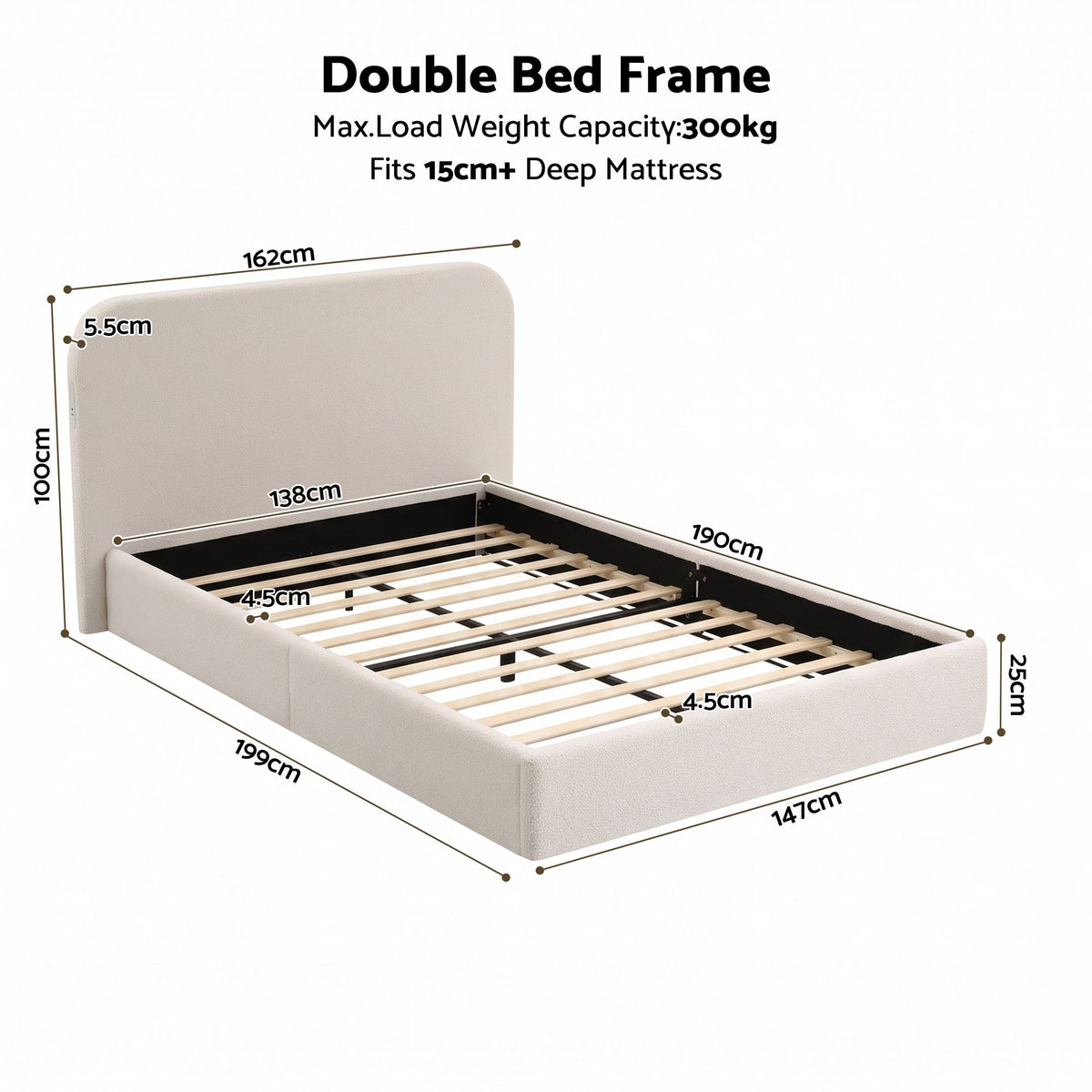 Artiss Double Bed Frame with 100cm Bouclé Headboard, USB-C & Night Lights