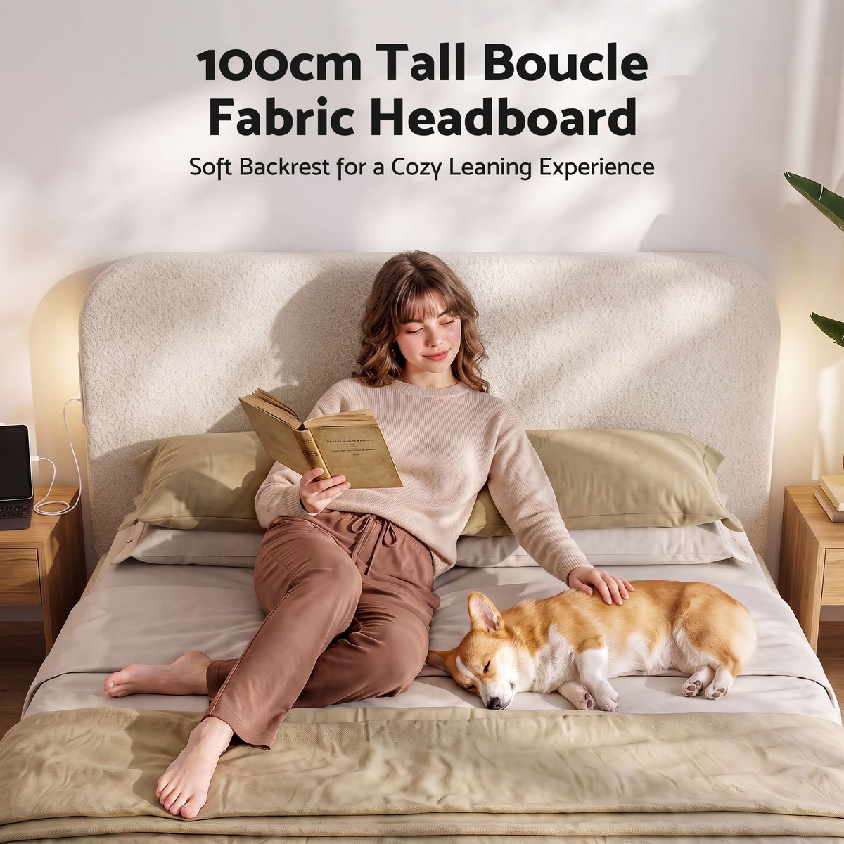 Artiss Double Bed Frame with 100cm Bouclé Headboard, USB-C & Night Lights