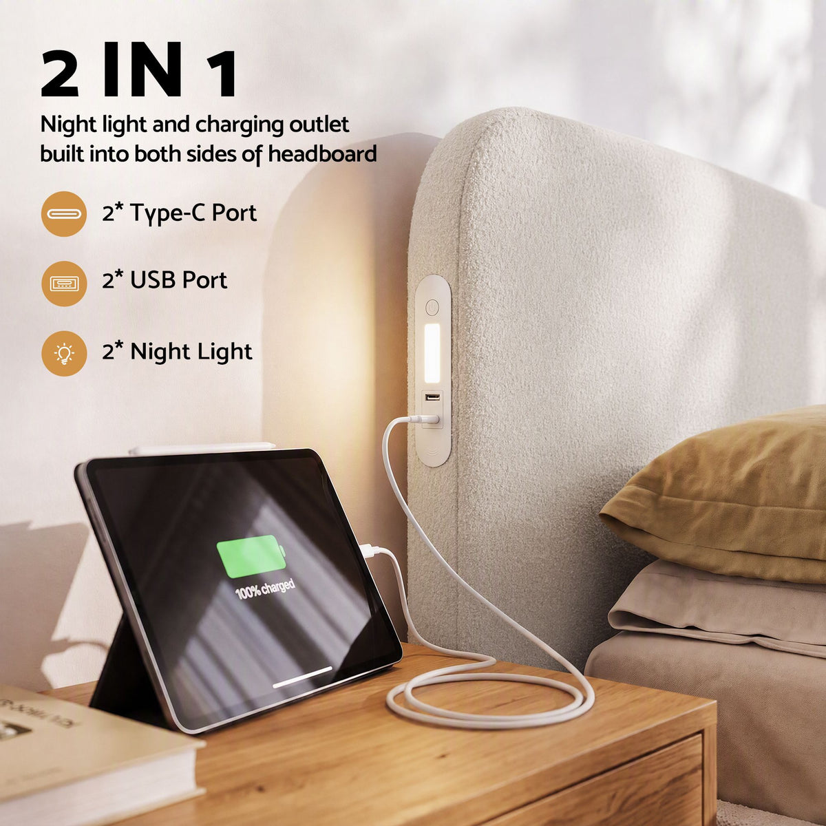 Artiss Queen Bed Frame with Bouclé Headboard, USB-C Charging & Night Lights