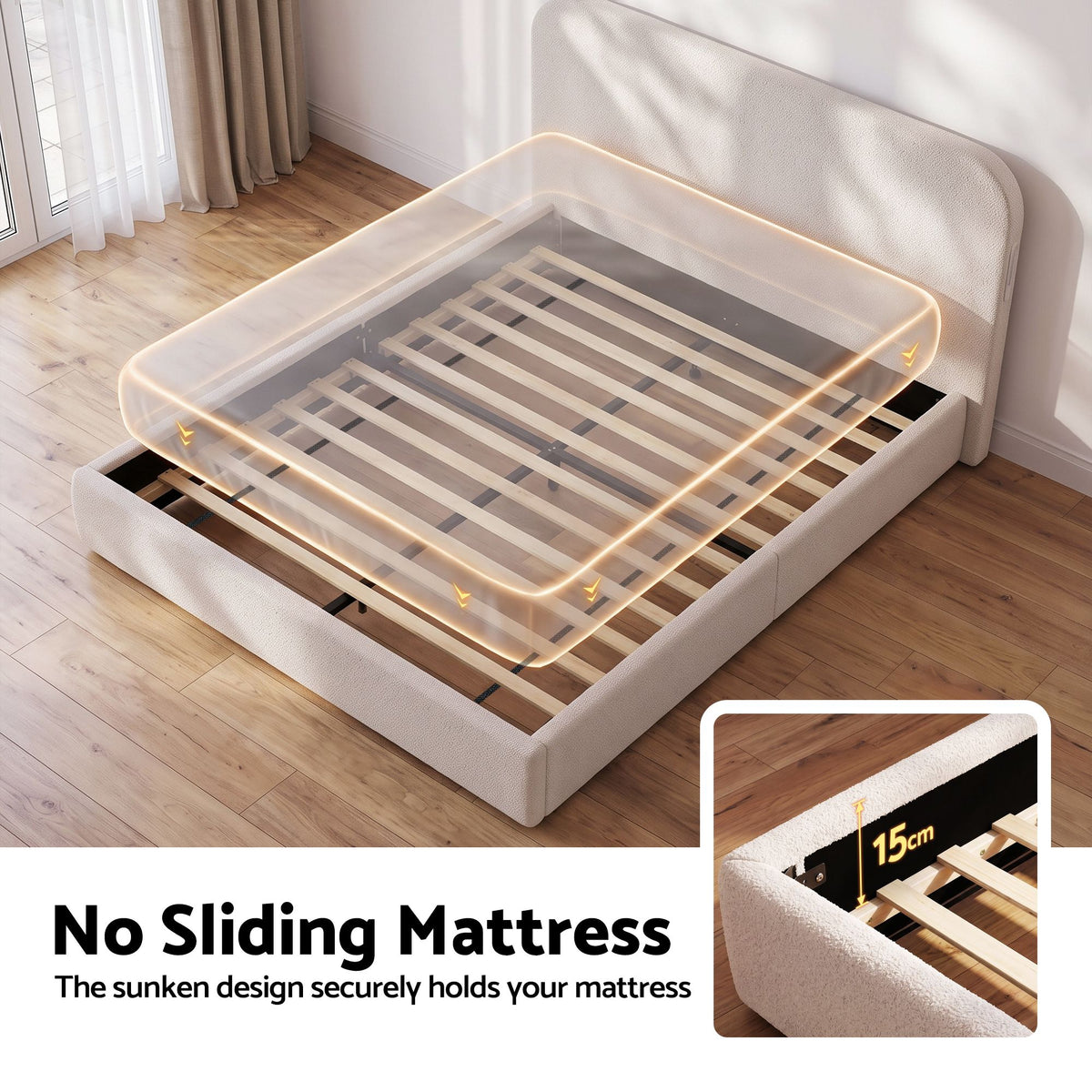Artiss Queen Bed Frame with Bouclé Headboard, USB-C Charging & Night Lights