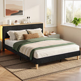 Beds & Bed Frames: Artiss Double Bed Frame Upholstered Adjustable Headboard Mood Lighting Heavy Duty Black Velvet