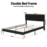 Beds & Bed Frames: Artiss Double Bed Frame Upholstered Adjustable Headboard Mood Lighting Heavy Duty Black Velvet